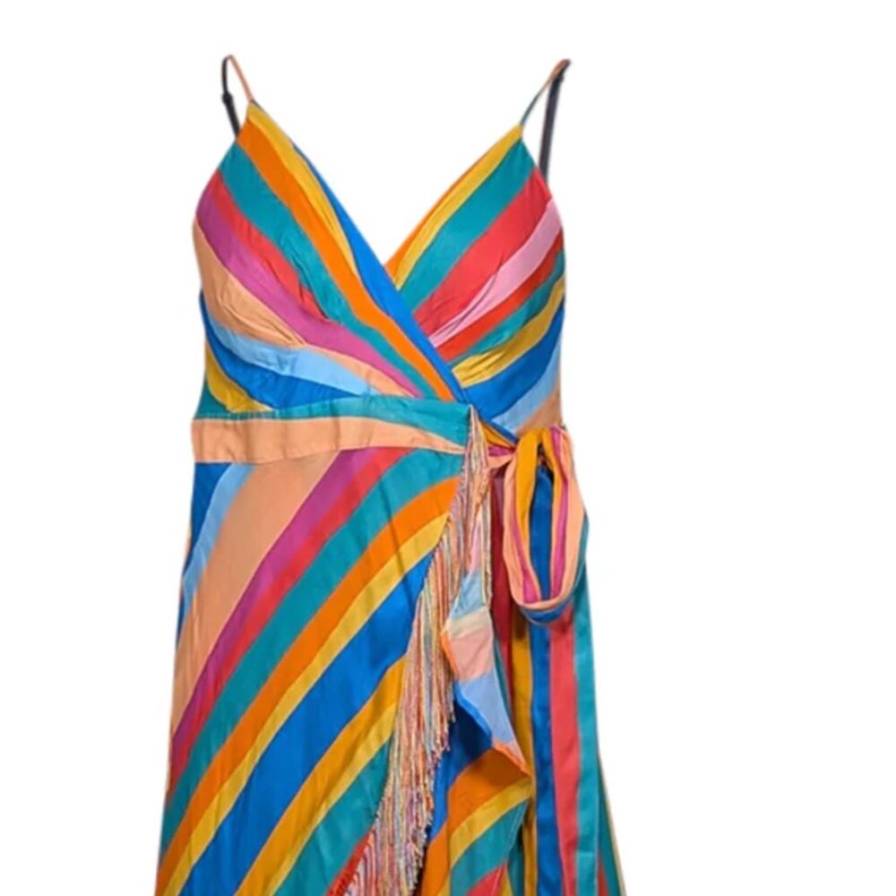 Farm Rio - Rainbow Striped Wrap Dress w/ Fringe Trim Sz XS